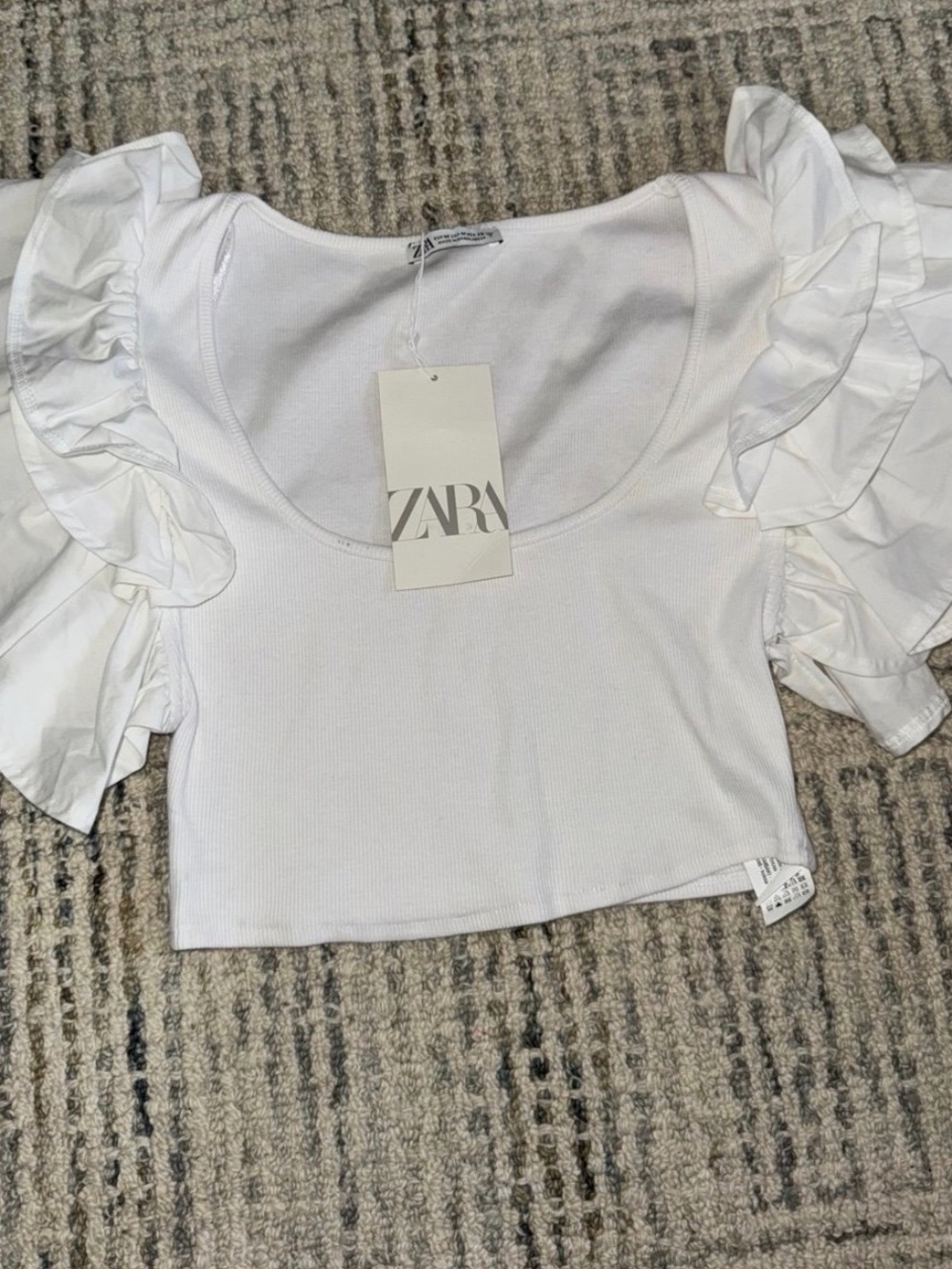 Womens Zara White Ruffled Short-Sleeve Crop Top Size Medium